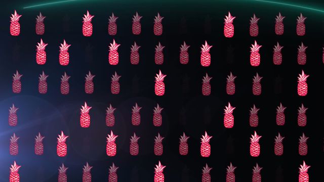 Patterned neon pink pineapples evenly distributed on a black background creating a vibrant and playful modern look. Ideal for digital wallpapers, desktop backgrounds, or creating unique artistic prints. Suitable for use in design projects needing a touch of color and fun.