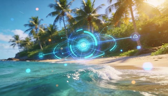 Holographic hud hovering over tropical surf, augmented reality rings syncing cloud mobile