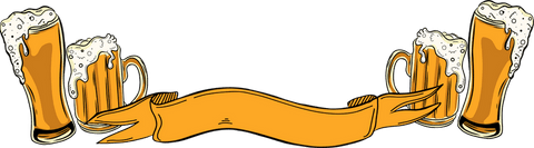 Transparent beer mugs flanking celebratory gold ribbon banner