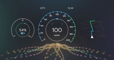Futuristic HUD Dashboard with Speedometer and Navigation Interface