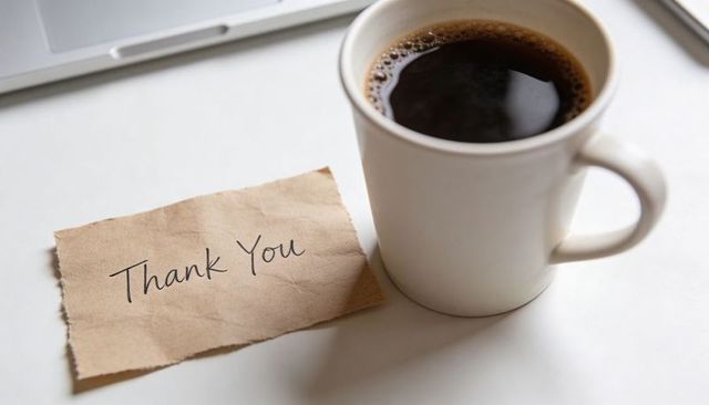 White coffee mug with thank you note on minimal workspace with laptop and copy space