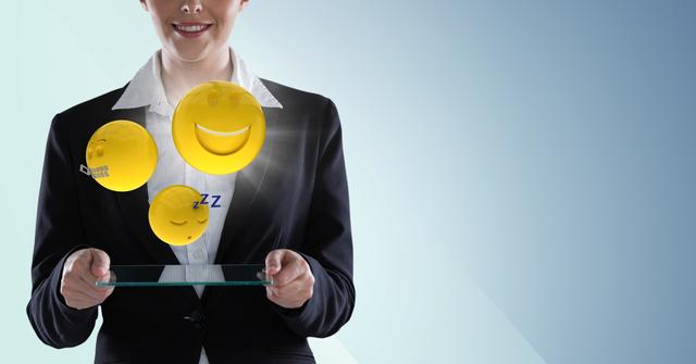 Digital composite of Business woman with glass device and emojis with flare against blue background