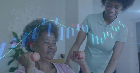 Elderly Woman Exercising with Caregiver Assistance at Home