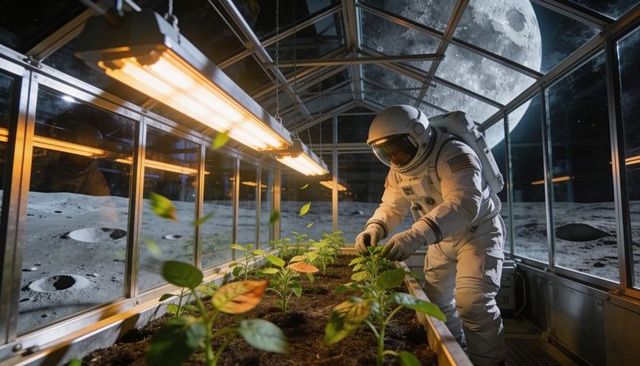 Astronaut tending lunar crops inside glass greenhouse with grow lights and moon surface view