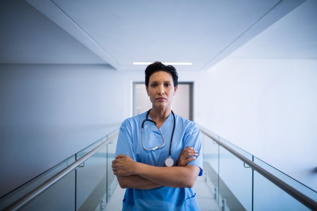 Confident Female Nurse Standing with Arms Crossed in Hospital Corridor - Download Free Stock Photos Pikwizard.com
