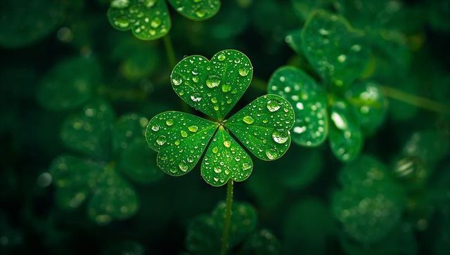 Macro Four-Leaf Clover with Dew Drops and Heart-Shaped Leaves on Deep Green Bokeh
