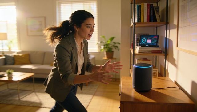 Professional woman interacting with smart speaker in bright living room for remote work