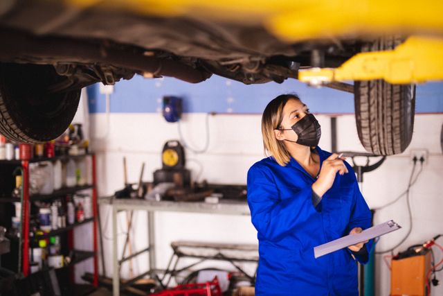 Biracial female mechanic wearing face mask and blue overalls, inspecting car in a garage. Ideal for illustrating automotive repair services, small business operations, and safety measures during the COVID-19 pandemic. Useful for articles, advertisements, and websites related to car maintenance, professional services, and health precautions in workplaces.