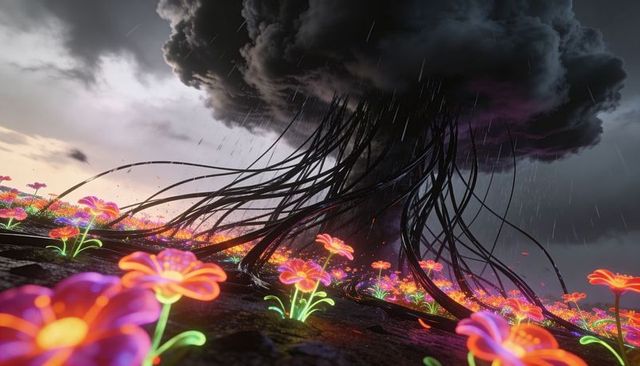 Glowing neon flowers facing black tendril storm cloud surreal rainy landscape
