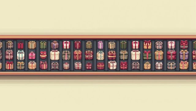 Long horizontal shelf displaying pixel-art gift boxes on beige wall with wooden trim