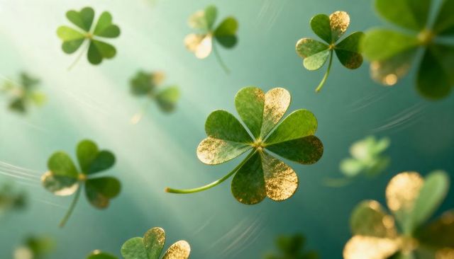 Floating four-leaf clover with golden flecks and sunlit bokeh