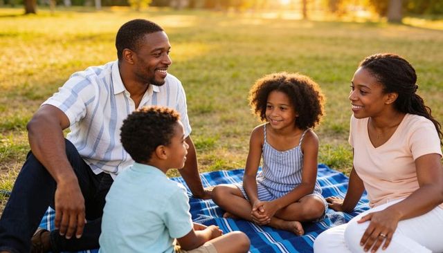 Sunlit african american family enjoying picnic on blue blanket in park during golden hour