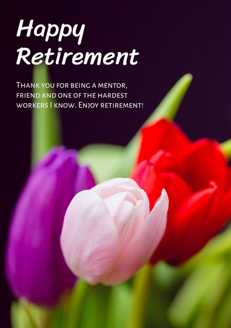 Bright tulips conveying joy and admiration. Ideal for retirement greeting cards, celebratory messages, appreciative notes to mentors and colleagues. Perfect for adding a touch of nature’s beauty to congratulatory wishes and retirement parties. Enhances themes of gratitude and fresh beginnings.