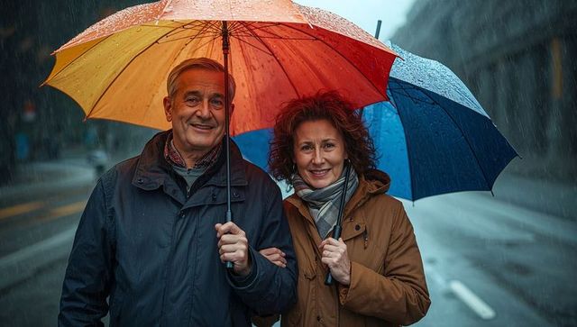 Smiling senior couple walking under orange and blue umbrellas on rainy city street