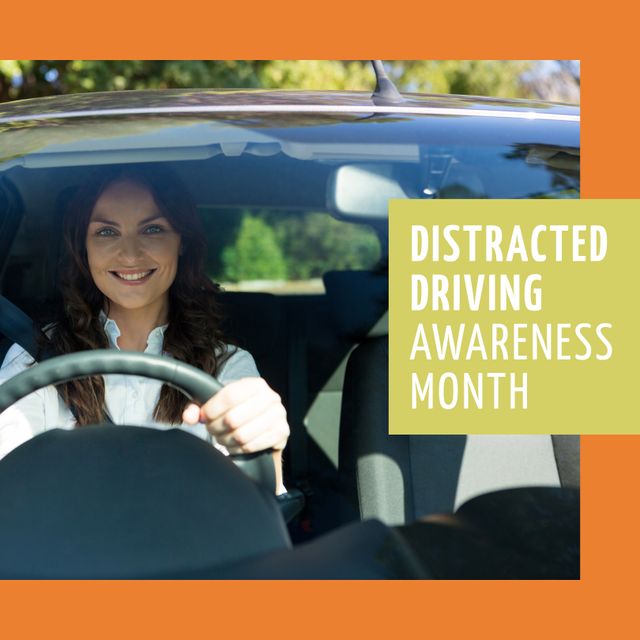 Smiling Woman Driving Car Highlighting Distracted Driving Awareness Month - Download Free Stock Templates Pikwizard.com