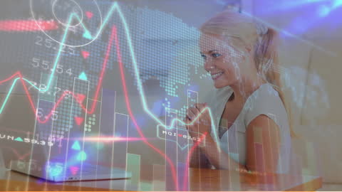 Smiling Businesswoman Analyzing Financial Data on Laptop