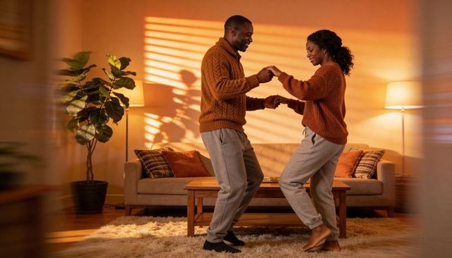 Couple dancing in cozy living room at sunset holding hands and sharing warm moment