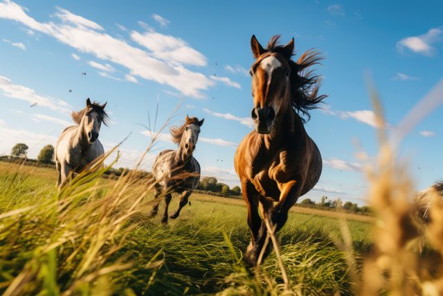 Brown horses galloping in field on sunny day, created using generative ai technology. Horse, animal, nature, freedom and movement concept digitally generated image.