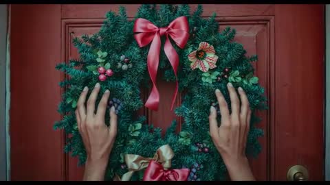 Festive Hands Adjusting Wreath on Red Door
