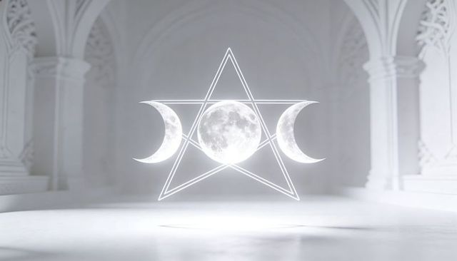 Glowing triple-moon pentagram hovering in luminous vaulted hall with gothic arches