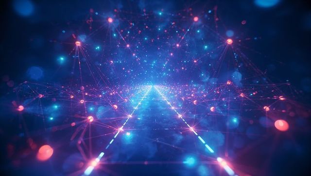 Neon Lights Forming Futuristic Data Tunnel with Network Nodes