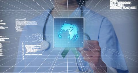 Doctor interacts with digital global healthcare interface