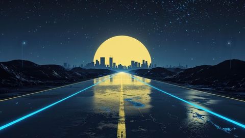 Futuristic neon highway leading to illuminated cityscape at night