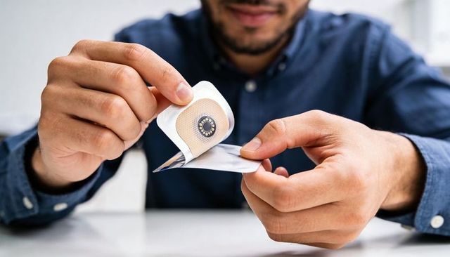 Man peeling wearable sensor patch from sterile foil for continuous health monitoring
