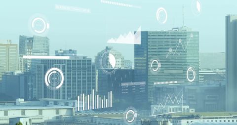Futuristic financial data analysis amidst urban skyline