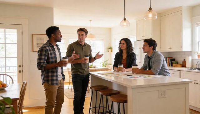 Young professionals discussing charts over marble kitchen island, holding coffee cups
