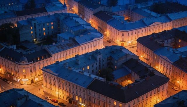 Evening rooftops glowing under warm streetlights, aerial view of historic urban courtyard