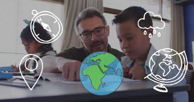 Image of globe, compass, map pin and cloud over caucasian male teacher and schoolboy in class. Childhood, geography, education and learning concept digitally generated image.