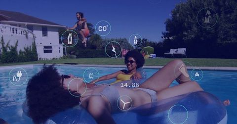 Summer pool fun with ar technology overlays in backyard