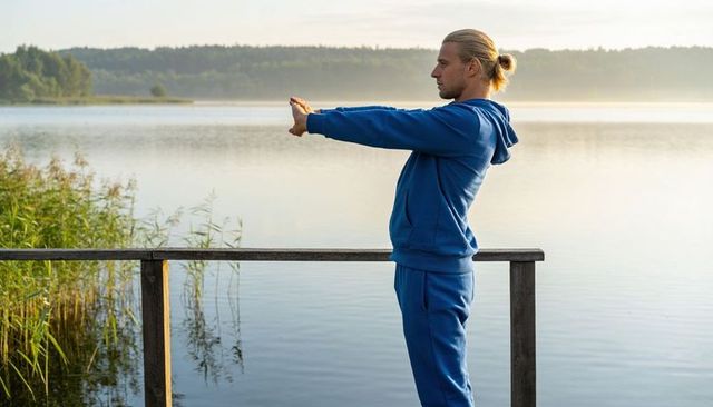 Man stretching on wooden dock at misty lake sunrise wearing blue hoodie and sweatpants