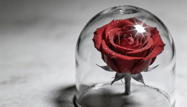 Red rose preserved under glass cloche with dew drops on light-gray marble surface