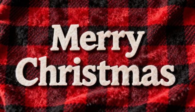Merry christmas felt letters on red black buffalo plaid cozy holiday textile closeup