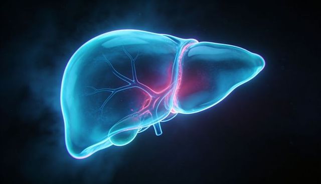 Translucent glowing liver 3d visualization highlighting hepatic vessels and hilum