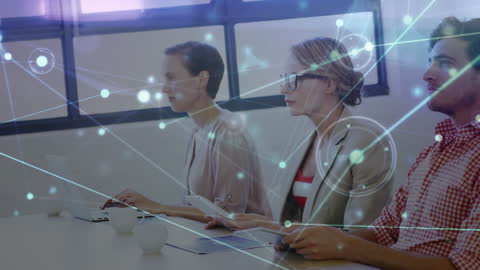 Business Professionals with Digital Connection Graphics in Office