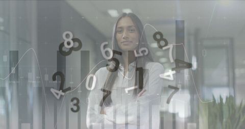 Confident Businesswoman with Dynamic Financial Data Overlay