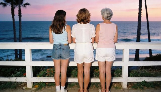 Three generations gazing at ocean sunset from white railing on coastal overlook at dusk
