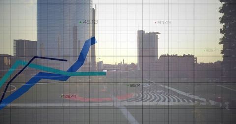 Blending financial chart overlay with urban skyline through rooftop glass for business analytics