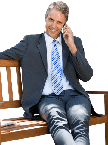 confident businessman sitting on bench talking on transparent phone - Download Free Stock Videos Pikwizard.com