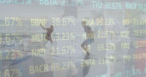 Children Playing at Beach with Financial Data Overlay