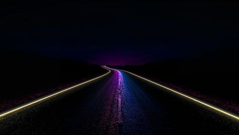 Neon night highway leading toward horizon with purple center glow and golden edge lines