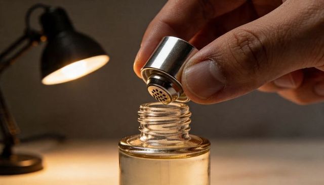 Hand holding metal sprayer nozzle fitting onto glass bottle with warm desk lamp light