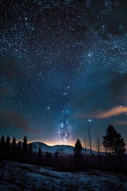 Starry skies with milky way and mountains landscape at night, created using generative ai technology. Astrology, space and galaxy concept digitally generated image.
