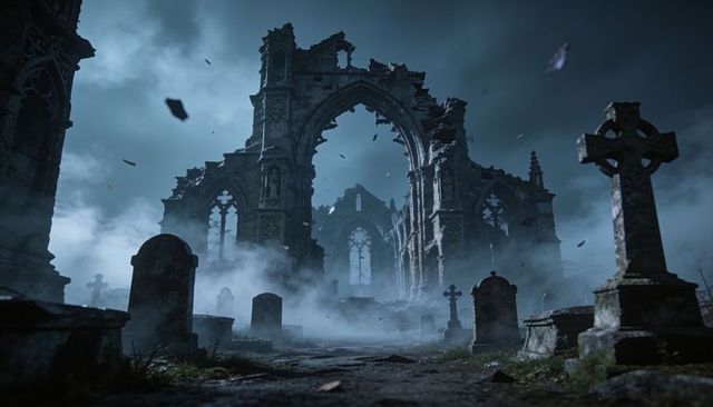 Ruined gothic cathedral arch looming over foggy cemetery path with celtic cross