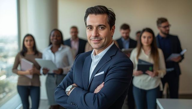 Confident Business Leader with Diverse Team in Modern Office