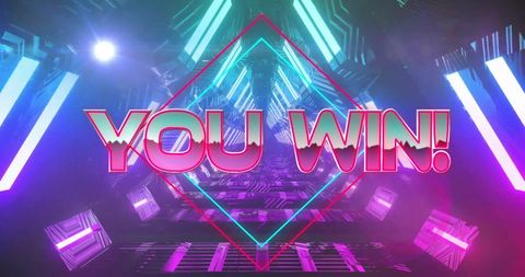 Neon You Win Text in Futuristic Digital Tunnel