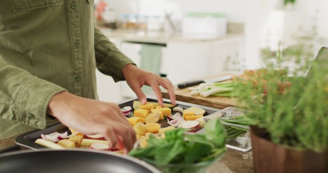 Person is arranging fresh vegetables on a baking tray in a home kitchen. Greenery and herbs are visible on the counter, conveying a healthy, vegetarian meal preparation. Ideal for use in cooking blogs, healthy lifestyle promotions, recipe illustrations, and kitchen decor websites.
